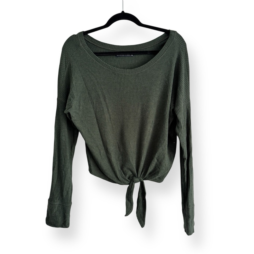 Abercrombie & Fitch Ribbed Crewneck Olive Long Sleeve Tie-Front Tee